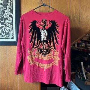 Red Long Sleeve Shirt Black Gold Graphic Flocked Eagle Velvet Vintage